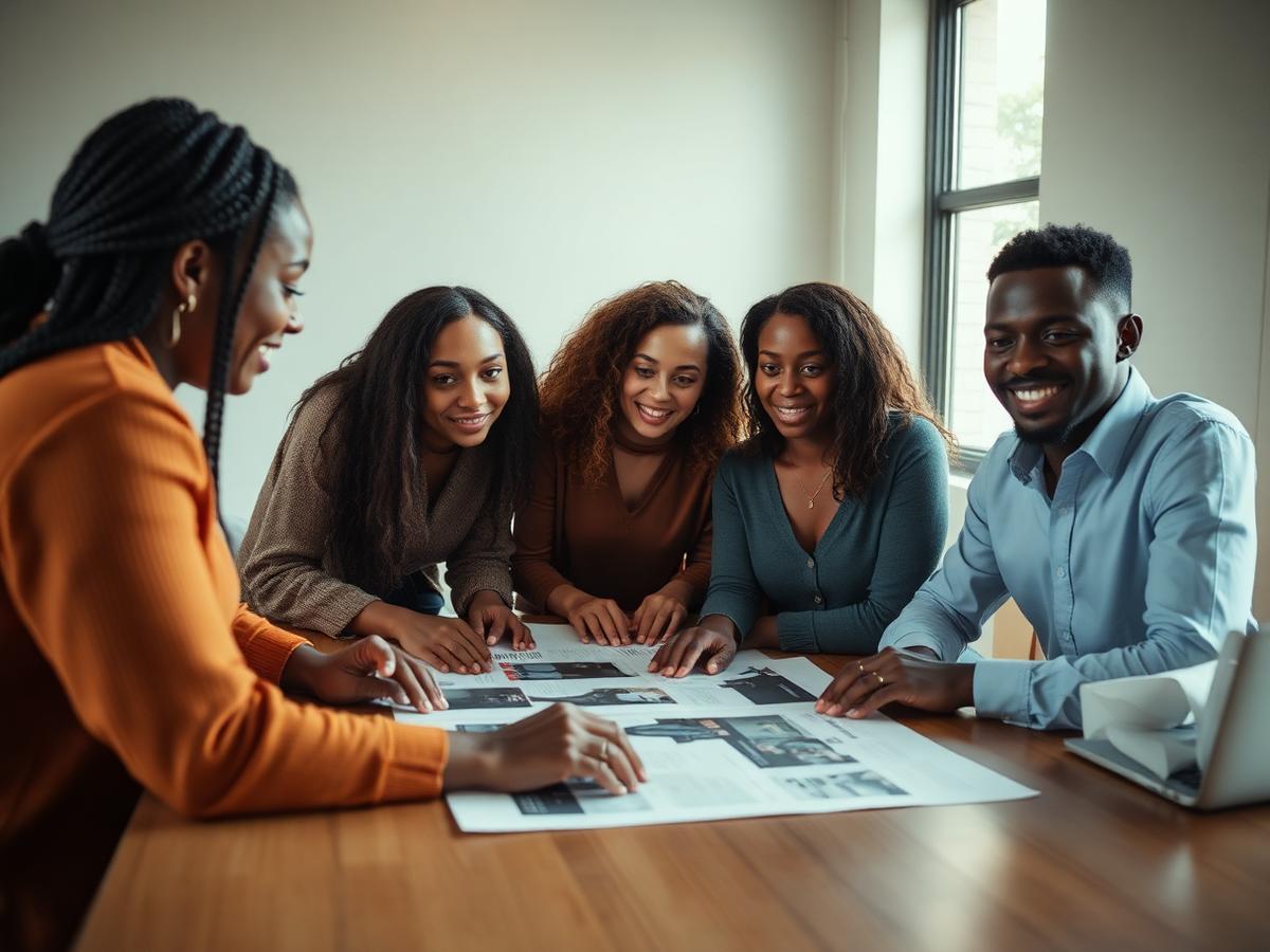 Pitch strategists reviewing a printed campaign plan during a working session