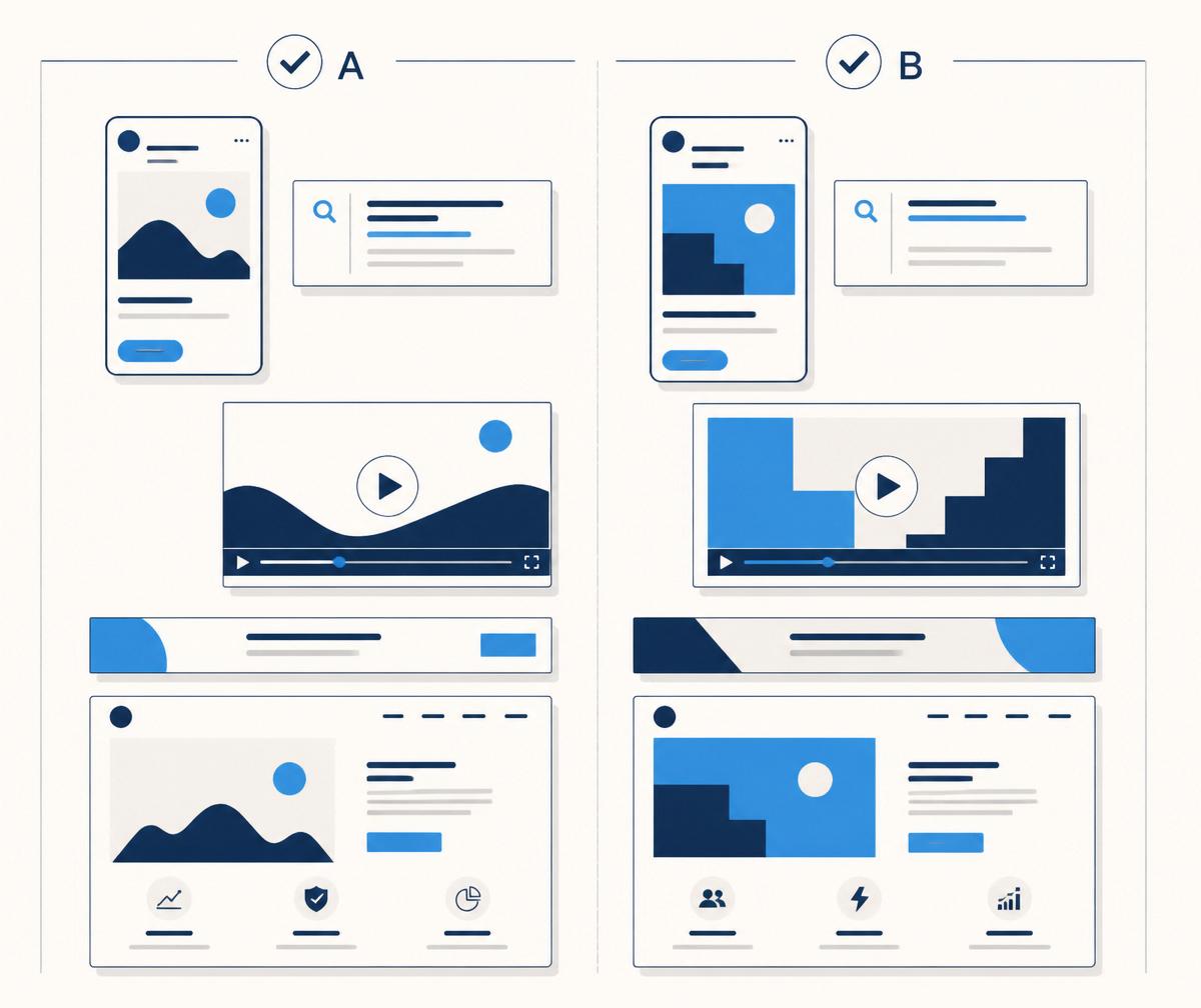 Illustration of A/B creative variations across social, search, video and landing pages