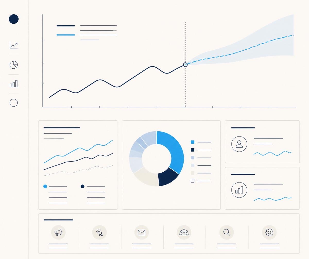 Illustration of a financial performance dashboard with forecast curve and budget allocation